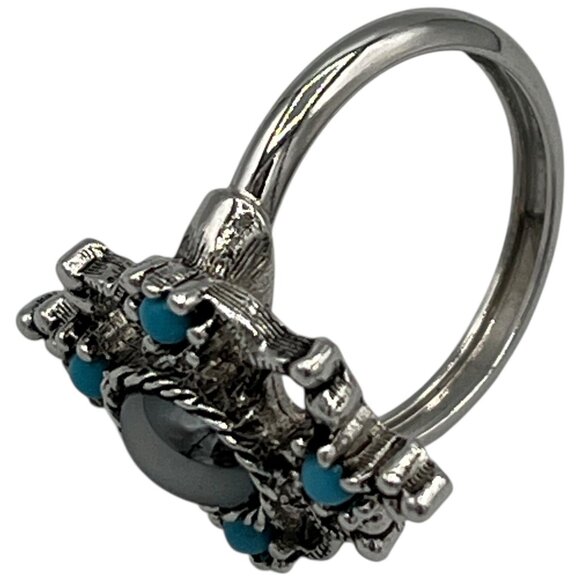 Vintage Avon Silver Tone Hematite Ring with Faux Turquoise Size 7.5 - Picture 10 of 10